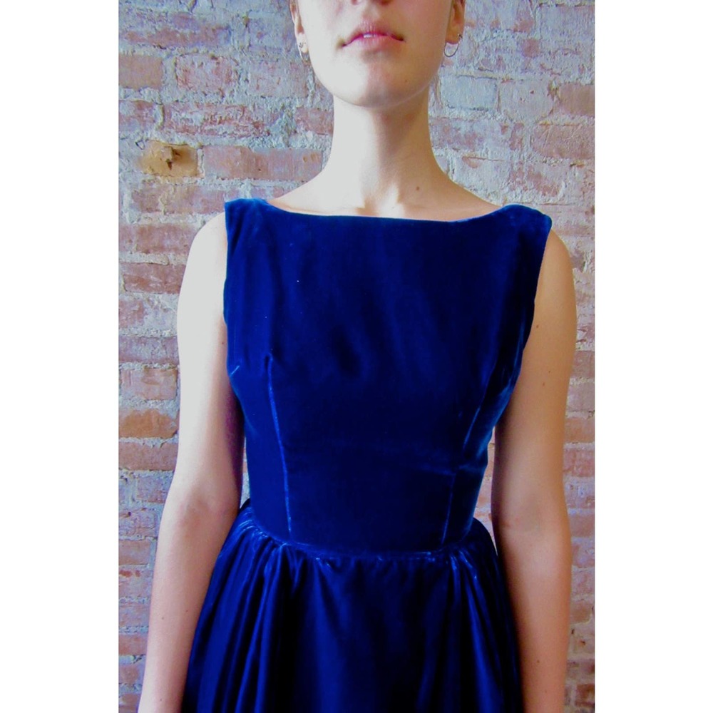 Vintage Velvet Dress Formal Gown 1960s Prom Crinoline Petticoat V Back - Picture 4 of 5